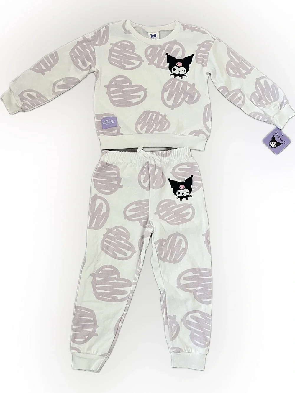 Sanrio Kuromi Girls Size 5 2pc Set Fleece Sweatshirt Pants Embroidered Hearts
